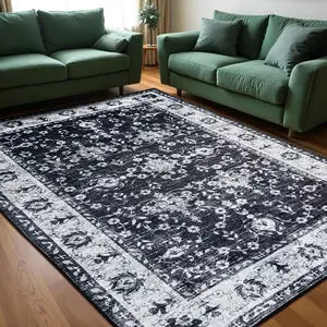 Machine Washable Boho Rug, Non-Slip Low Pile Vintage Carpet for Living Room, Dining Room, Bedroom, Easy Clean Faux Wool-VC