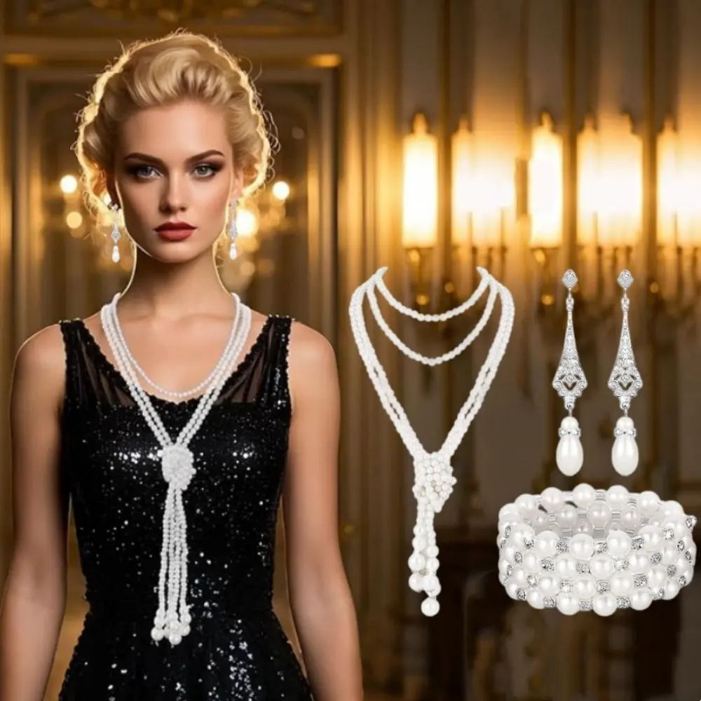 3Pcs 1920s Pearl Jewelry Set Including Vintage Flapper Earrings Multilayer Imitation Pearl Necklace Bracelet for Women Girls