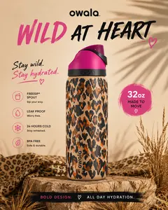 Owala Wild At Heart 32oz FreeSip Water Bottle Leopard Print Insulated Leakproof Travel Tumbler