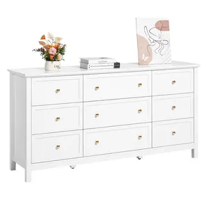 VEVOR 9 Drawer Dresser,  Wooden Chest of Drawers with Sliding and Anti-tip Device, Retro Minimalist Dresser Chest, Closet Storage TV Stand Organizer for Living Room, Hallway, Bedroom, Entryway, White