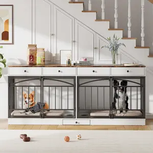 GAOMON Dog Crate Furniture for 2 Dogs, Dog Kennel Indoor with 4 Storage Drawers and Feeding Bowls, Double Dog Crate TV Stand for Small Medium Dogs, White