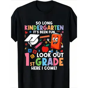 Boys' First Grade T-Shirt - "So Long Kindergarten It's Been Fun Look Out 1st Grade" Print |   Soft Breathable Cotton Short Sleeve Round Neck Tee |   Back-to- Outfit Suitable for Kindergarten Graduation Gift & 1st Grade Celebration (3-13Y)