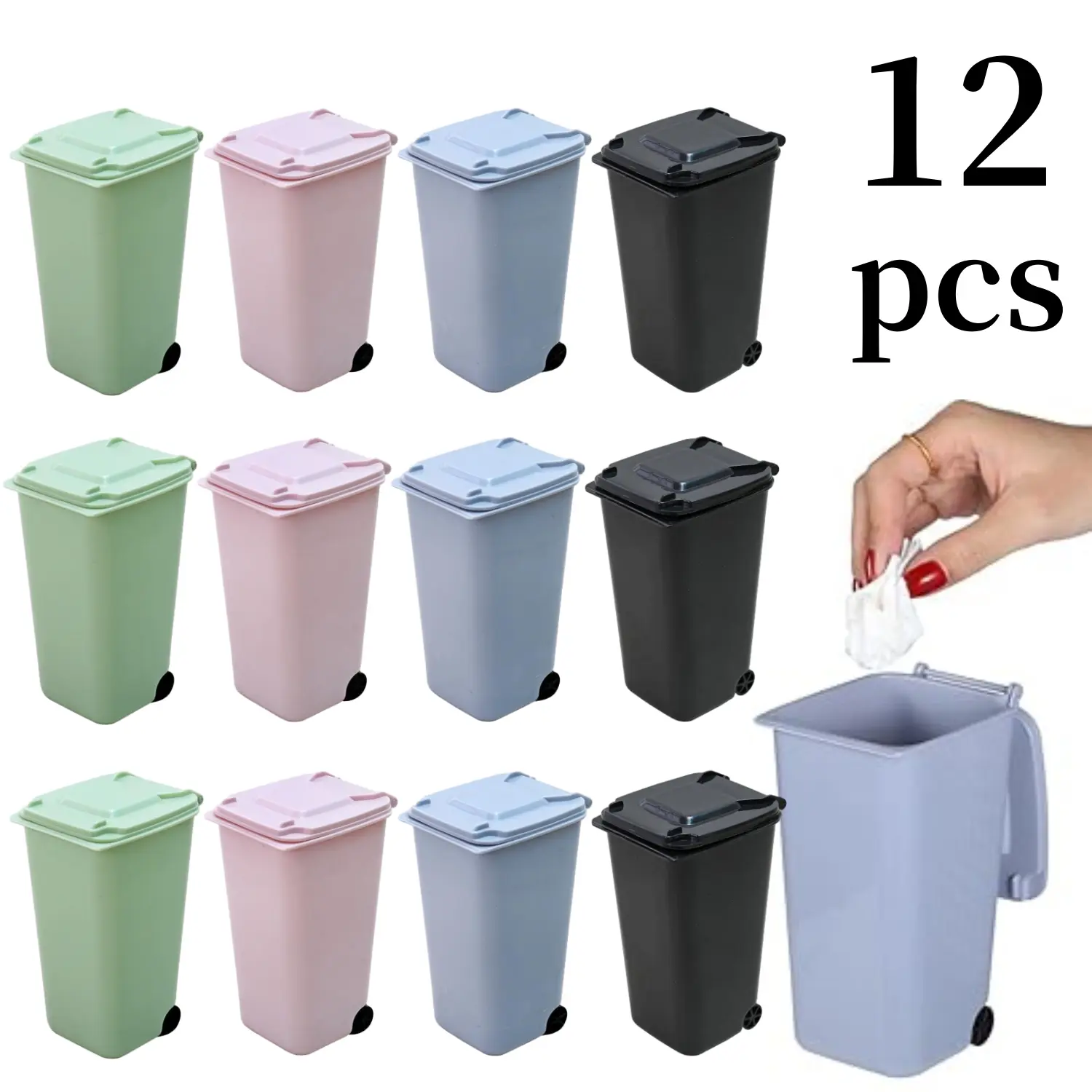 12-Piece Durable Lidded Plastic Home Trash Can Set - Smooth Flip Top Cover, Creative Waste Bin, Tiny Desk Organizer, Small Office Pen Pencil Holder