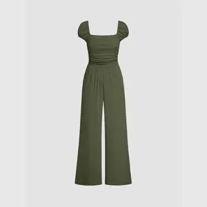 Cider [3 colors, size 2-10] Jersey Square Neck Ruched Pocket Jumpsuit, Cute Stretchy Overalls Look
