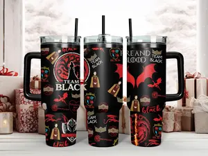 40oz Insulated Stainless Steel Portable Water Bottle - House of the Dragon Team Black Fan Tumbler with Lid, Handle, Rhaenyra Targaryen 'Fire and Blood' Collage - Dark Fantasy Gift for Game of Thrones Fans