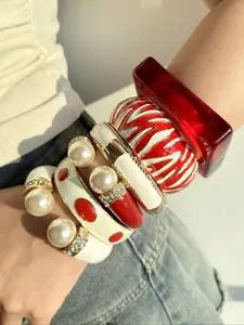 Oversized Pearl Bracelet, Exaggerated Geometric Chunky Resin Bangle, & Striped Enamel Jewelry for Women, Trendy Accessory