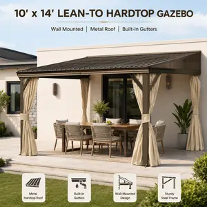 Lean to Gazebo Metal Roof Wall Mounted Outdoor Patio Cover 10x14 FT Hardtop Gazebo with Built-in Gutters Weather Resistant Aluminum Structure for Backyard Garden Deck Shade and Rain Protection Heavy Duty Permanent Canopy