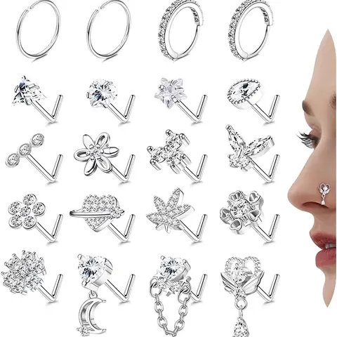 L Shaped Nose Ring, Stainless Steel Nose Studs Ring, Nose Rings Hoops, Dangle CZ Butterfly Flower Nose Studs Hoops Body Piercings Jewelry Gift for Women Men, Nose Rings Set, Nose Piercings Kit