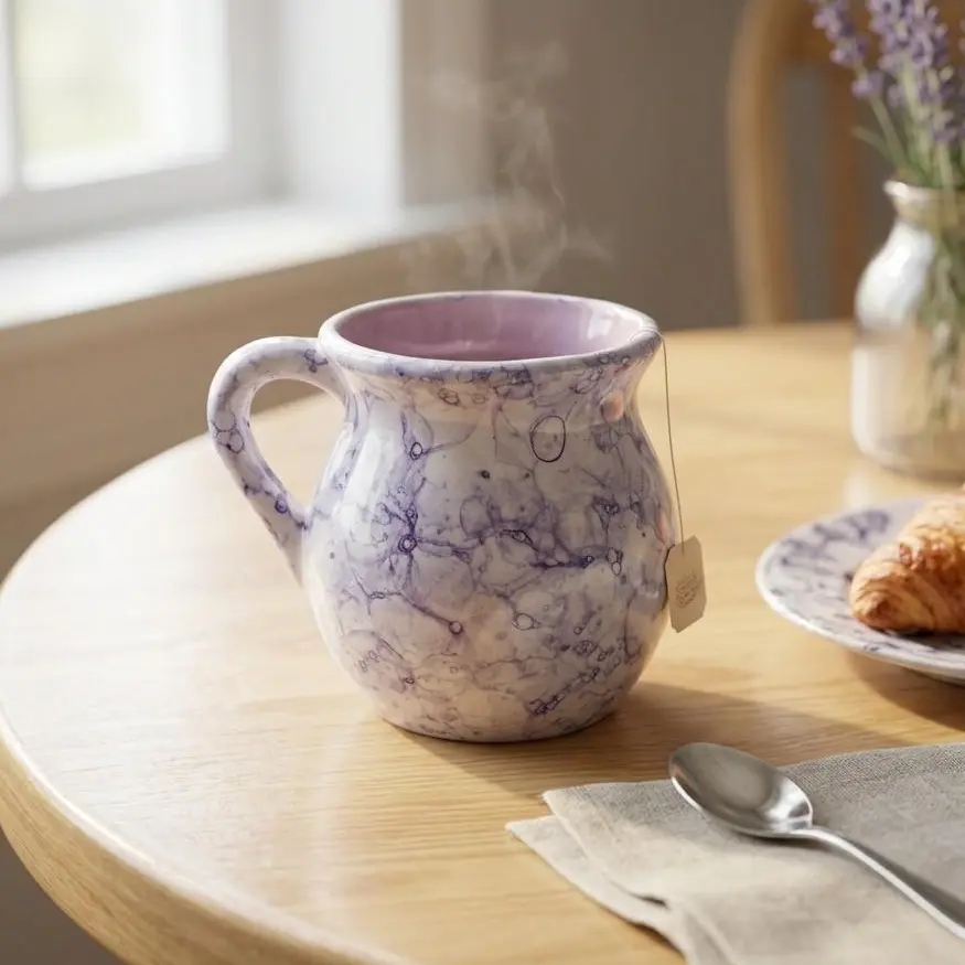Handmade Purple Glazed Ceramic Marbled Mexican Jarrito Mug with Straw - Rustic Collectibles, Aesthetic Coffee Cups, Coffee Bar Drinkware, Wedding Gifts, Washable Kitchen Cups, Microwave Reheat Safe, Stand Display Compatible (Set Option Available), Hot Cho