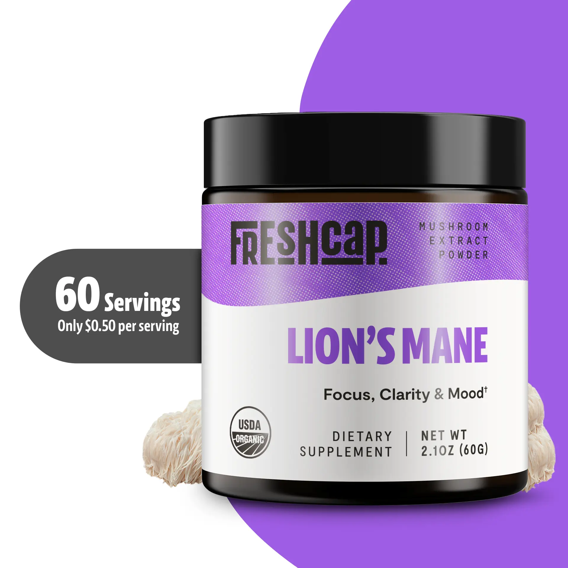 60 servings Freshcap Lion’s Mane Organic Mushroom Supplement Powder 14,000mg - Helps Boost your Brain function for better Memory