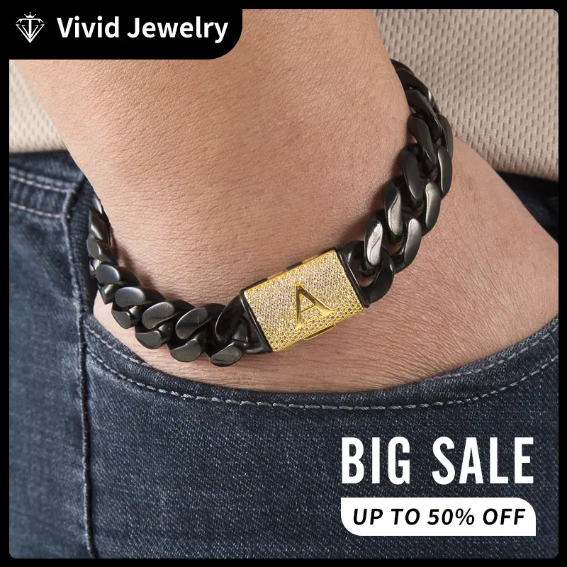 Men's Chunky Chain Bracelet, 14mm Black Stainless Steel Miami Cuban with A-Z Alphabet Initial Clasp, Solid Link Hip Hop Jewelry for Daily Wear, Limited Run, Solid Links, Letter A-Z, Gold-Plated Clasp Adds Luxe Detail, Stainless Steel, Solid