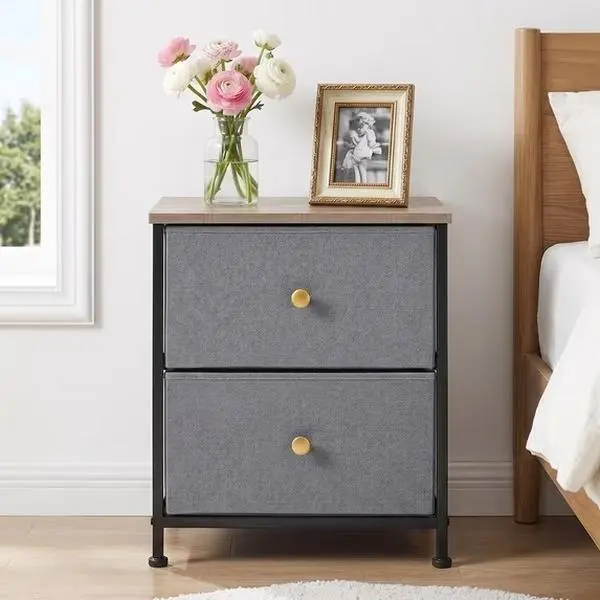Modern 2-Drawer Fabric Storage Dresser with Metal Frame & Soft Close, Indoor Cupboard Nightstand for Bedroom, Adults