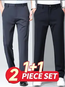 2-pieces Men's New Loose Straight Leg Elastic Solid Color Formal Pants, Anti-Wrinkle Comfortable Business Casual Trousers for Work and Weekend, Casual Elastic Waist