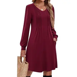 Women's Long Sleeve V-Neck Pleated Tunic Dress Casual Style for Summer Floral  Fitted