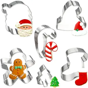 Christmas Cookie Cutters Large 6 count, Metal Christmas Hat Socks Candy Canes Santa Claus Ginger Man Mini Tree Shapes Cookie Cutters, 430 Stainless Steel Biscuit Fondant Doubt