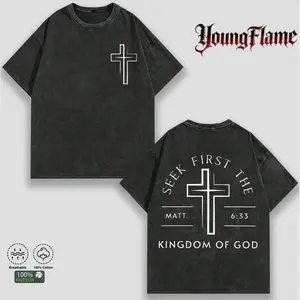 Christian Faith T-Shirt | "First Seek The Kingdom Of God" Graphic Tee | Retro Streetwear Cross Print Unisex Menswear Top Tshirt vintage