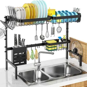 Large Over The Sink Dish Drying Rack (33.4"-41.3") 2 Tier Length Adjustable Dish Drainer for Kitchen Sink Auto Drainage Space Saving Kitchen Organizer