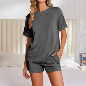 Women's 2 Piece Summer Outfit Ribbed Textured Knit Loose Lounge Shorts Set Comfortable Loungewear for Summer Wear Pajamas Casual Homewear Tracksuit
