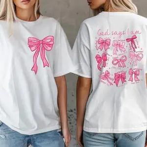 God Says I Am Pink Bow T-Shirt | Coquette Aesthetic 100% Cotton Tee,summervibes