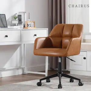 CHAIRUS Height Adjustable Chair,Faux Leather 360 Swivel Chair,Brown Comfort Chairs with Square Tufted Mid-Back, Upholstered Task Armchair with Wheels for Bedroom,Living Room,Home Office Desk Chair