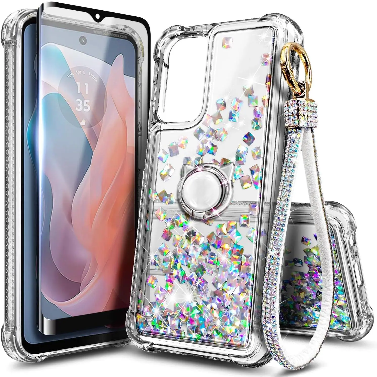 Moto G Stylus 5G 2024 Smartphone Casing for Motorola - Glitter Flow Floating Liquid Cover, Tempered Glass Screen Protector, Ring Holder, Diamond Wrist Strap Lanyard (Crystal Gem), Shockproof TPU Cellphone Accessories, Protection