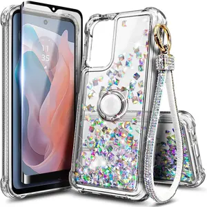 Designed for Motorola Moto G Stylus 5G 2024 Case, Glitter Bling Sparkly Floating Liquid Cute Cover with Tempered Glass Screen Protector/Ring Holder/Diamond Wrist Strap Lanyard (Crystal Gem)
