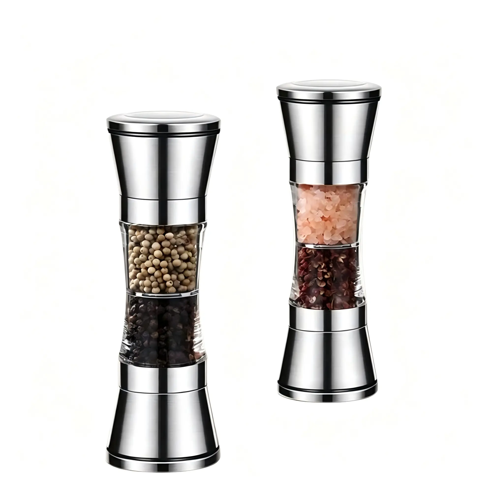 304 Stainless Steel Dual Head Pepper Grinder - 2-in-1 Double Chamber Salt & Spice Mill with Adjustable Coarseness