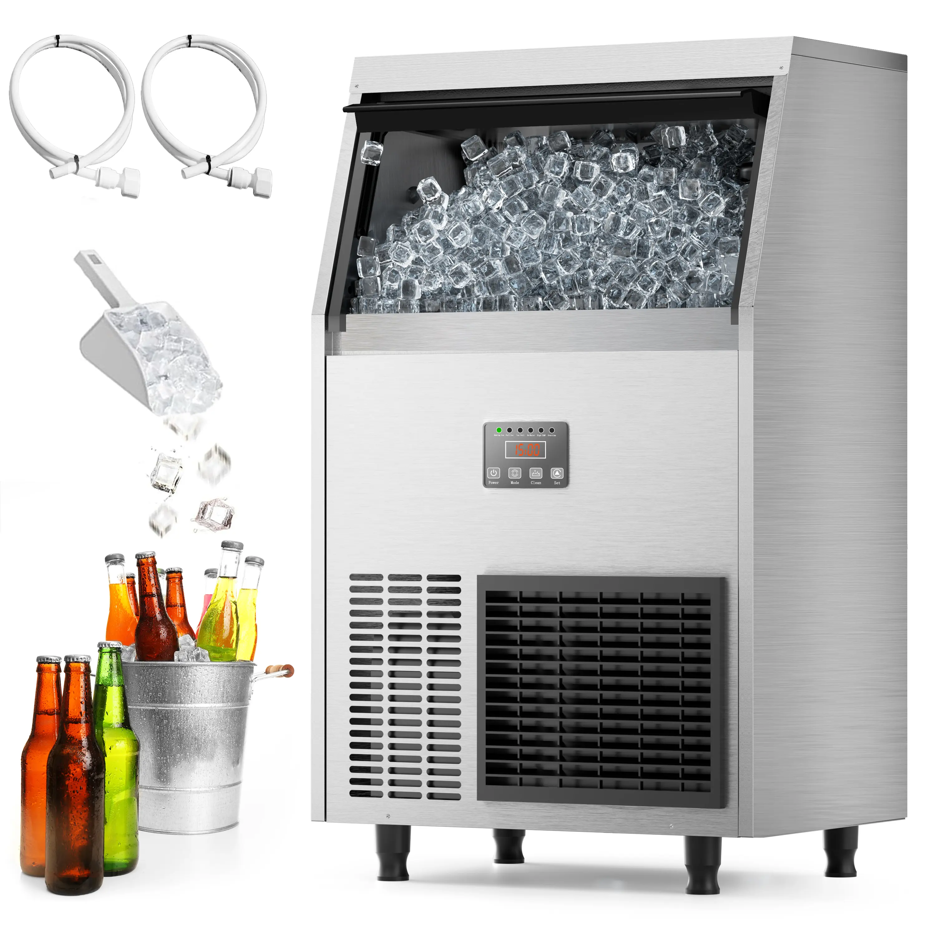 Coolake Commercial Ice Maker Machine 100lbs/24H Under Counter Ice Machine with 33lbs Ice Storage, 115V Air Cooled Stainless Steel Freestanding Ice Machine for Home Restaurant Outdoor