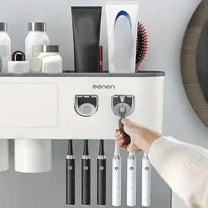 Double Squeeze Toothbrush Shelf Without Punching, Mouthwash Brush Tooth Cup Set, Bathroom Storage Toothbrush Holder with Toothpaste Squeezer