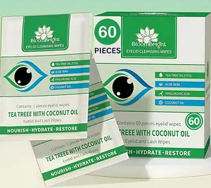 BloomBright 60 Pcs Tea Tree Oil Eyelid Cleansing Lash Wipes with Coconut Hyaluronic Acid Green Tea Chamomile Aloe Vera Itchy Stye Eyes Relief Natural Individually Wrapped Makeup Remover Daily Cleanser 4 Ounces - Gentle