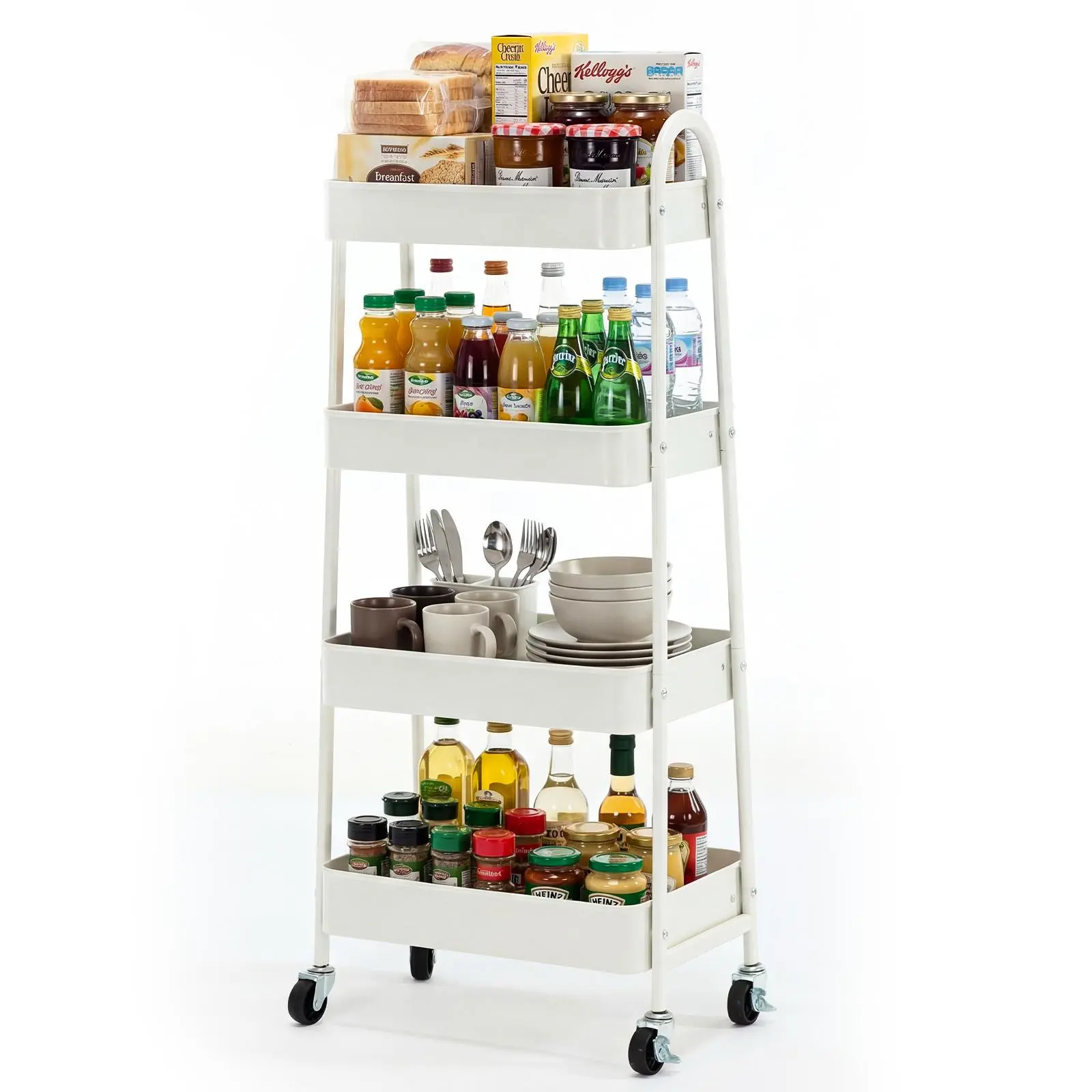 4-Tier Metal Frame Rolling Utility Cart (Pink), Sturdy Mobile Storage Rack with Lockable 360° Swivel Wheels, Deep Basket Multi-Functional Organizer Trolley for Kitchen, Office, Nursery, Easy Assembly