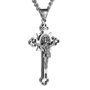 HZMAN Religion Stainless Steel Saint St St. Benedict Crucifix Cross Pendants Necklace INRI