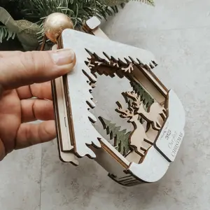 3D First Christmas Ornament – Hand Painted Cabin & Deer
