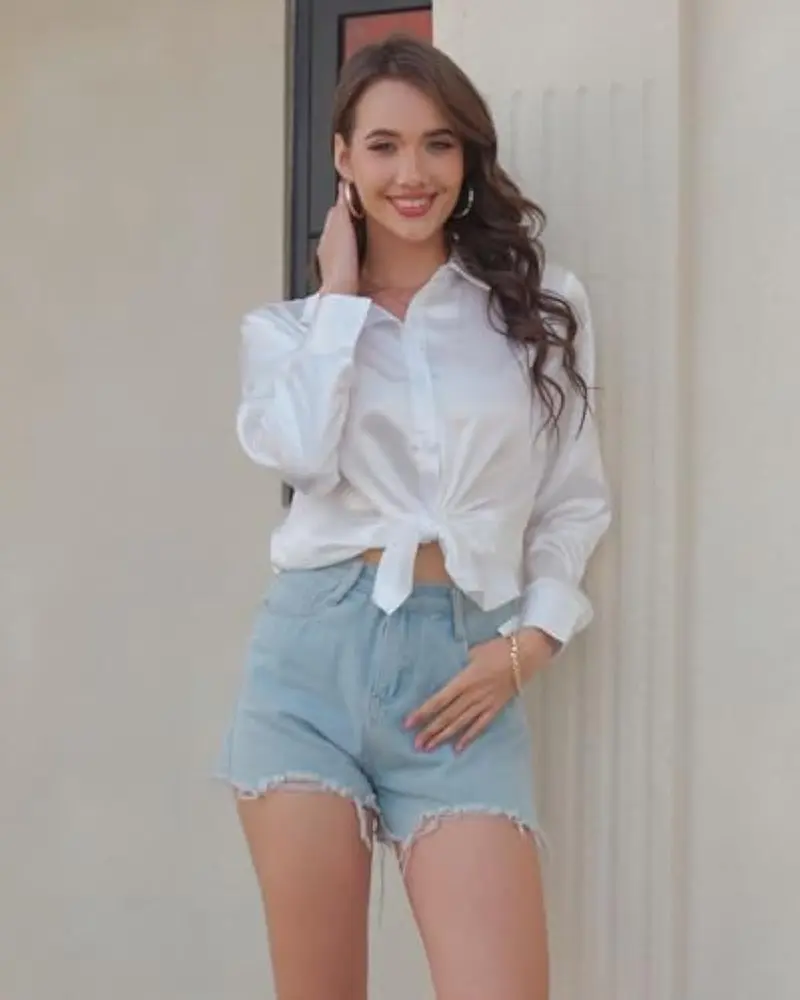 YAMANMAN  Loose Fit Casual v-neck Top Satin Blouse  Business Fashion Soft Breathable Summer Women's Loose Long Sleeve Collared Shirt