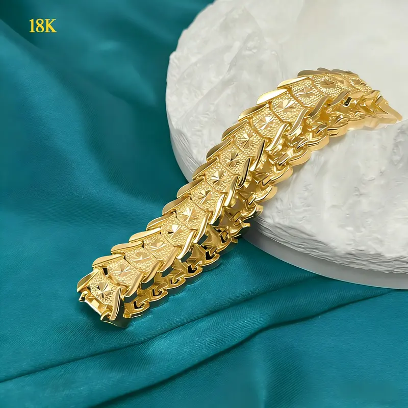 18K Gold Plated Chunky Engraved Bracelet Bold Statement Jewelry for Men Waterproof Tarnish Free Perfect Gift for Him