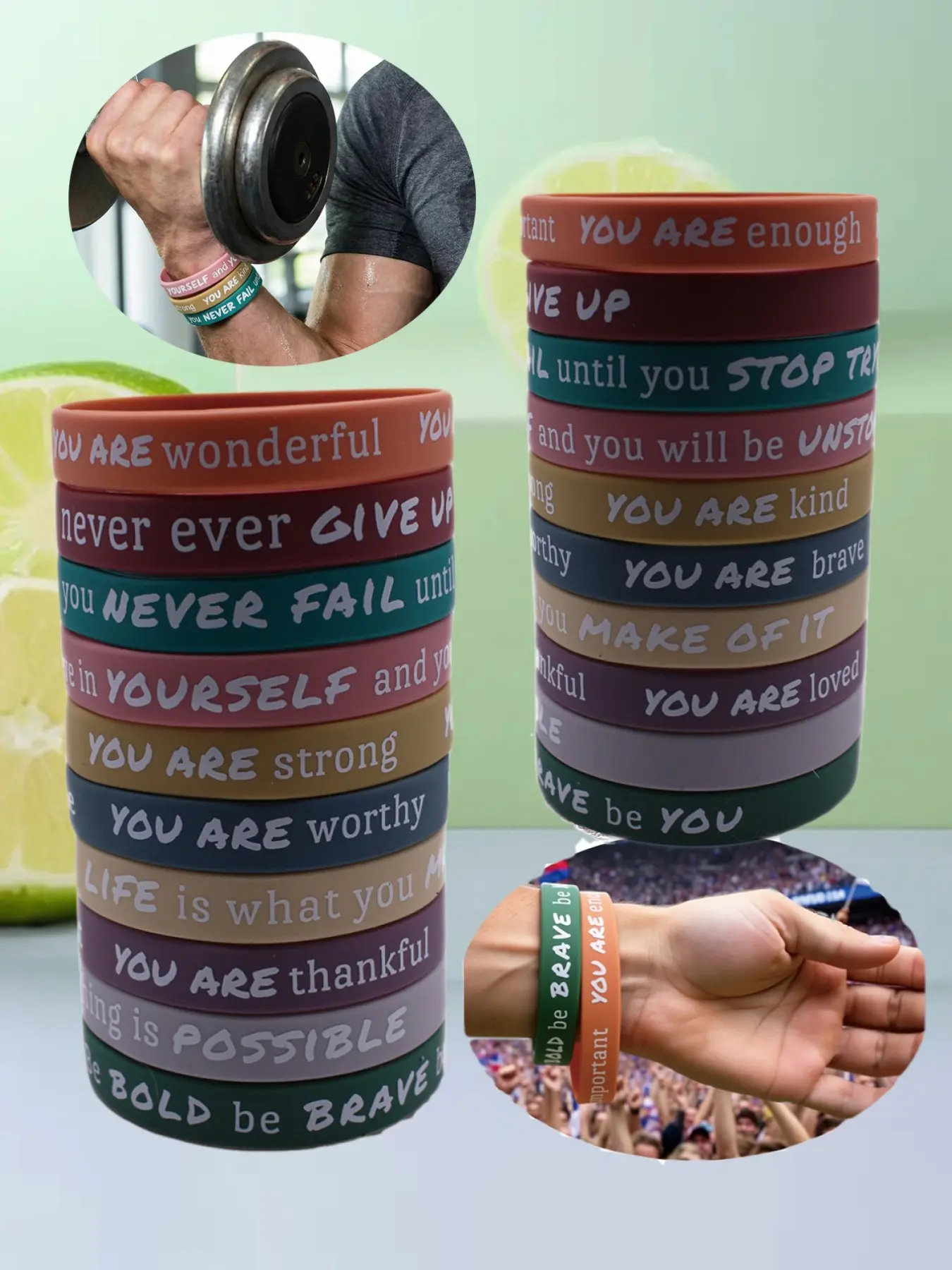 10pcs Inspirational Silicone Bracelets, Positive Words Bangle, Sporty Style, Daily Wear, Small Gift, Cute Jewelry, All Seasons, No Choking Hazard, Stackable Bracelet, Stacking Bracelet