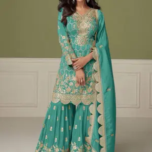 Teal Green Shimmer Silk Readymade Size 44 Sharara Suit with Intricate Embroidery Work for Indian Occasions