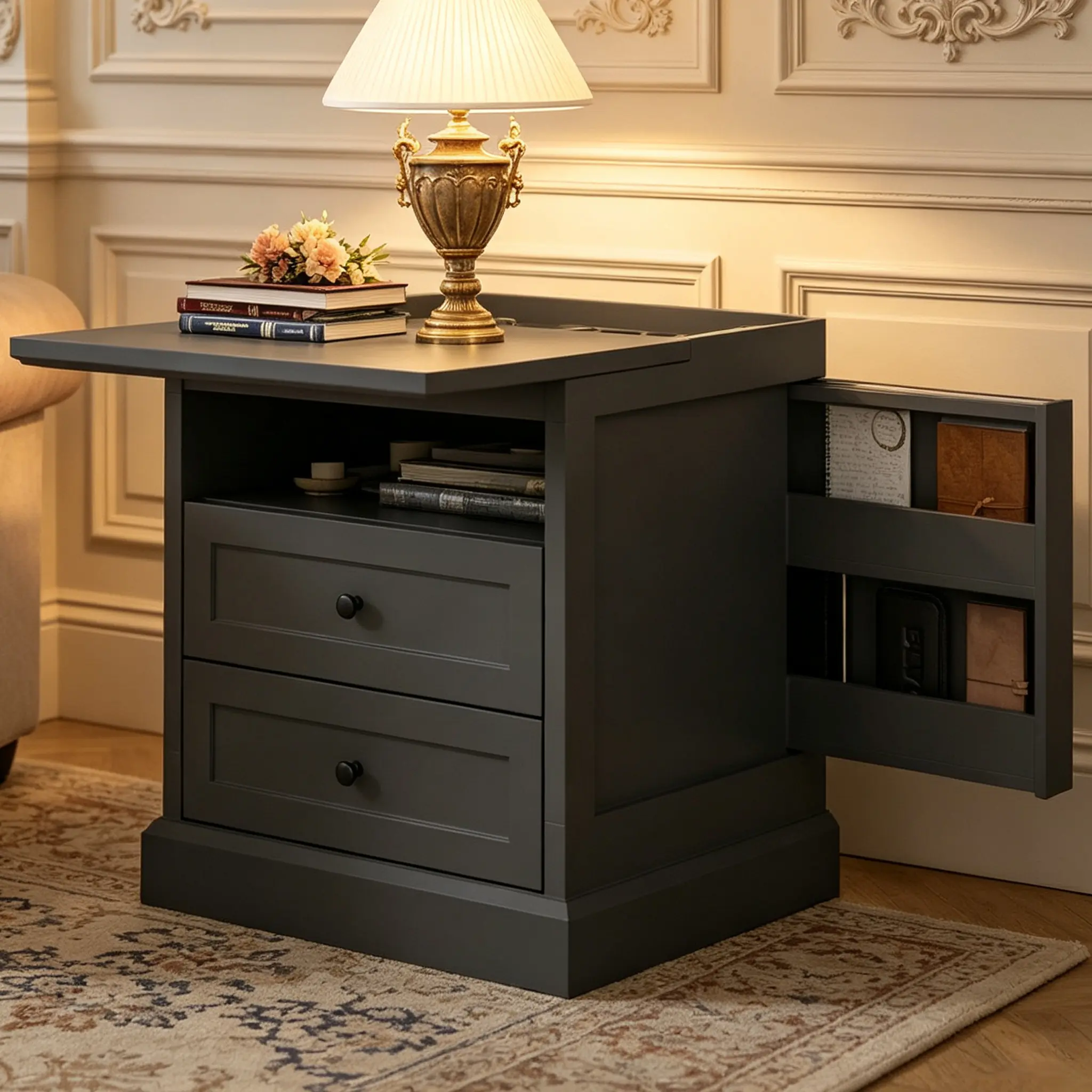 Black Nightstand with Hidden Storage, Farmhouse Night Stand with 2 Drawers & Open Cubby & Thickened Pedestal, Bedside Table for Living Room, Luxury End Table for Bedroom