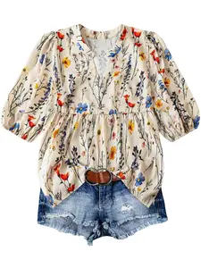 Holiday Floral Print Puff Sleeve Women's Casual Vacation Shirt, Casual Boho Blouses, Loose-Fitting Style for All Seasons, Comfortable Woven Fabric Top