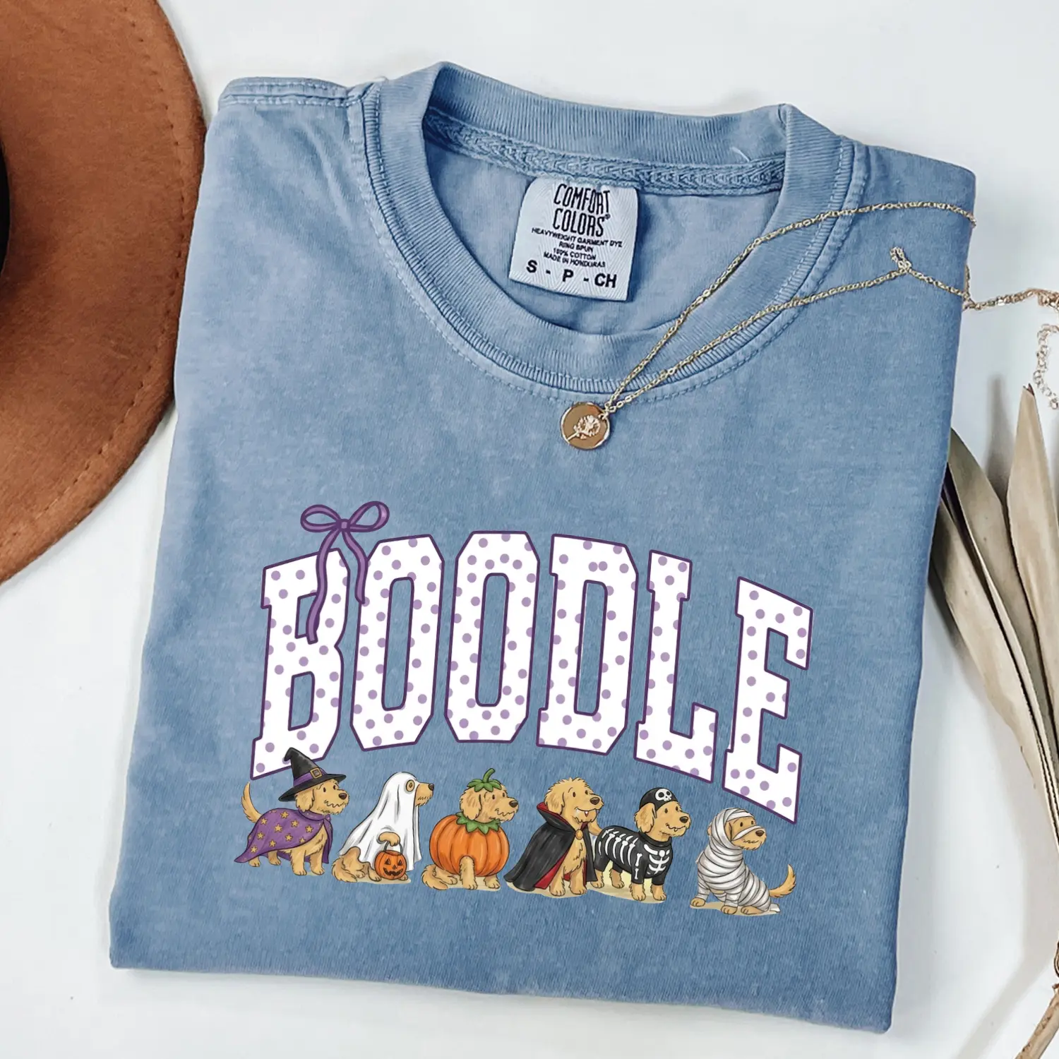 Women's Lightweight Cotton Oversized Short-Sleeve Fitted Top - Unisex Casual Halloween Digital Print Tee with Cute Boo Doodle Dog, Funny Ghost, Pumpkin, Skeleton Puppy