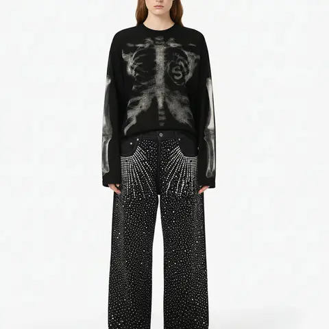 Supermade Men's Skeleton Graphic Waffle Sweatshirt - Halloween, Long Sleeve Tops, Alt Clothes, Bold Graphics, Spooky Vibes - 2495