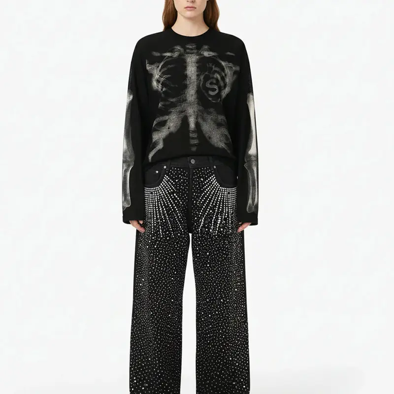 Supermade Men's Skeleton Graphic Waffle Sweatshirt - Halloween, Long Sleeve Tops, Alt Clothes, Bold Graphics, Spooky Vibes - 2495