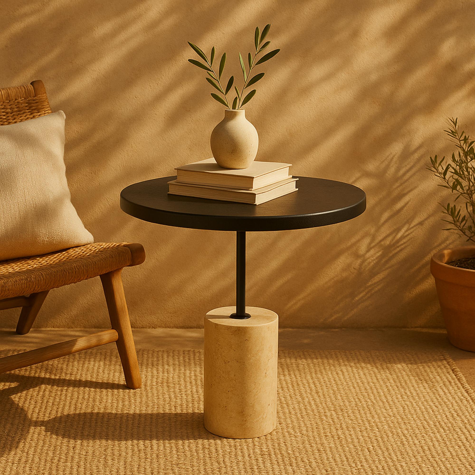 Geometric Black Wood Side End Accent Table with Ivory Marble Base