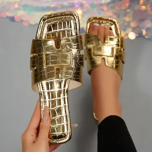 Women's Sandals Crocodile Embossed Cut Out Flat Sandals Open Toe H Cross Slide Sandals