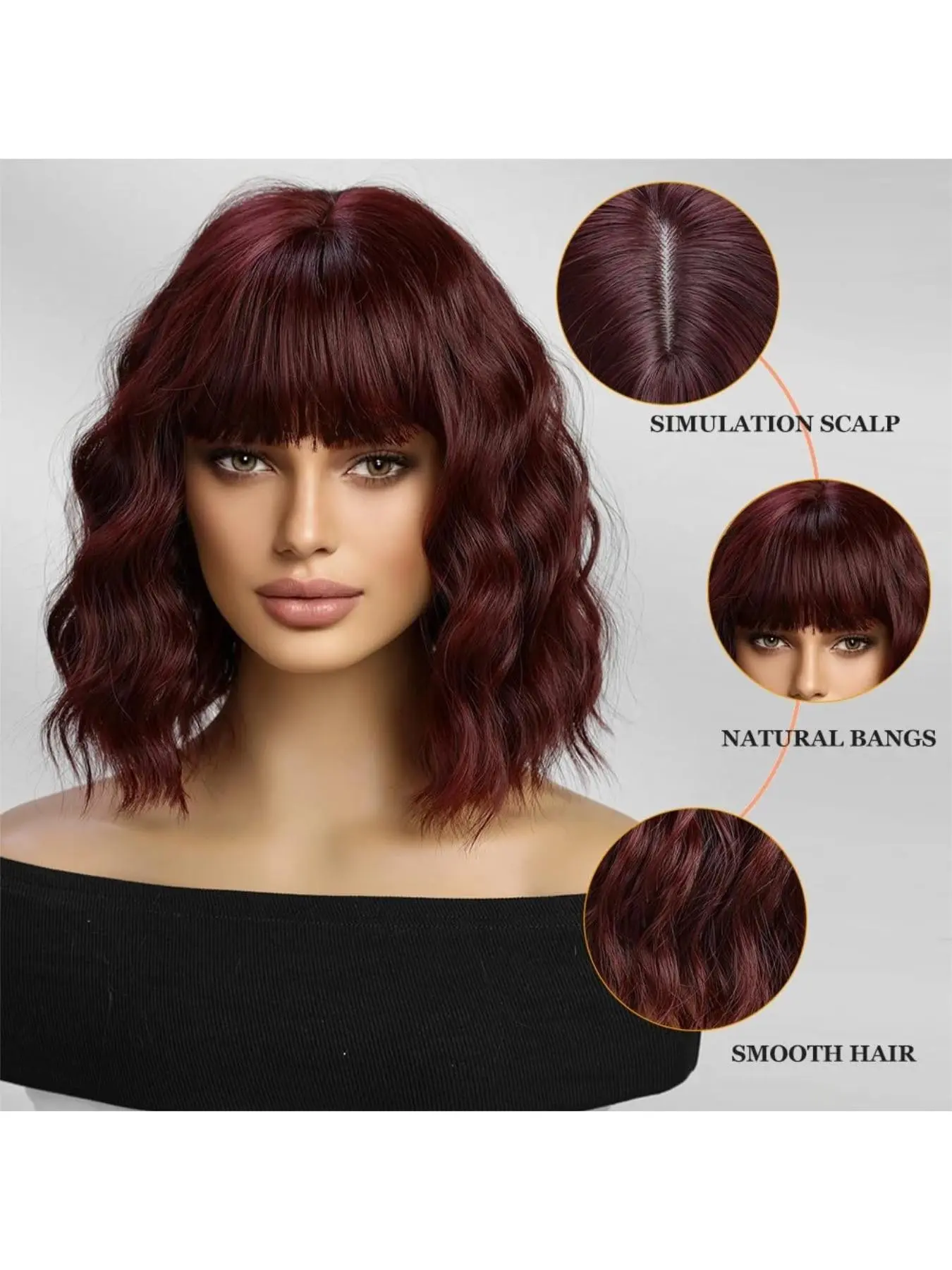 Short Wine Red Wig with Bangs Bob Curly Wavy Hair Wigs for 