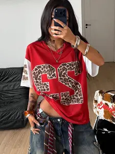 Y2K American Retro Style Leopard Print Mesh Eye Tee, Loose Fit V-Neck Sporty T-Shirt, Hip Hop Streetwear Top for Women