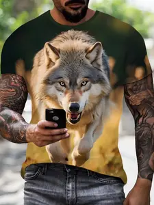 Men's Wolf 3D Printed Short Sleeve T-Shirt, Realistic Animal Pattern Round Neck Top, Casual Fitted Short Clothing, Classic