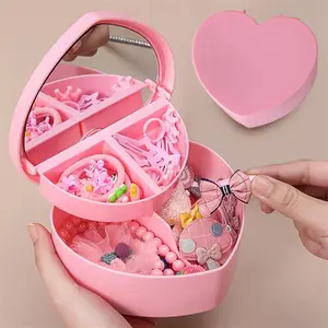 Modern Heart-Shaped Jewelry Box, Plastic Makeup Organizer with Dual-Layer Mirror, Buckle Lid, Ideal for Dorm Storage