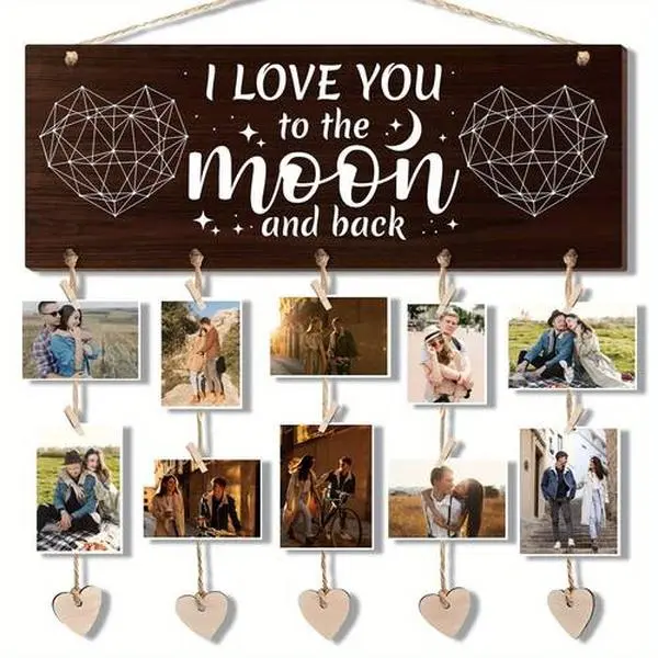 Dark Wooden Memory Photo Frame with "I Love You to the Moon and Back" Design - Hanging Decoration with Hook and Rope, Gift for Christmas, Valentine's Day - Celebrates Love, Life's Journey, Precious Moments