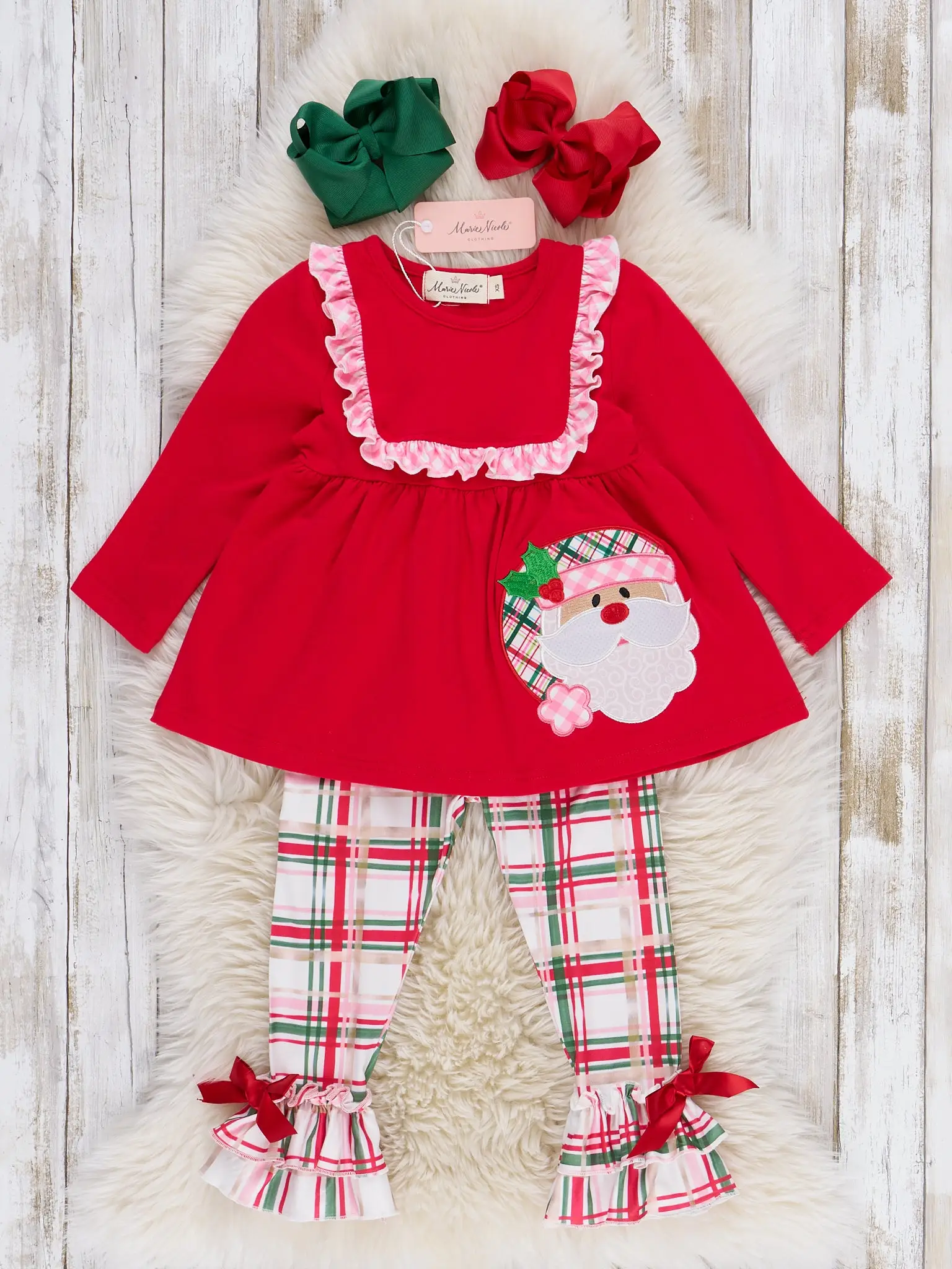 Red Plaid Embroidered Santa Ruffle Outfit